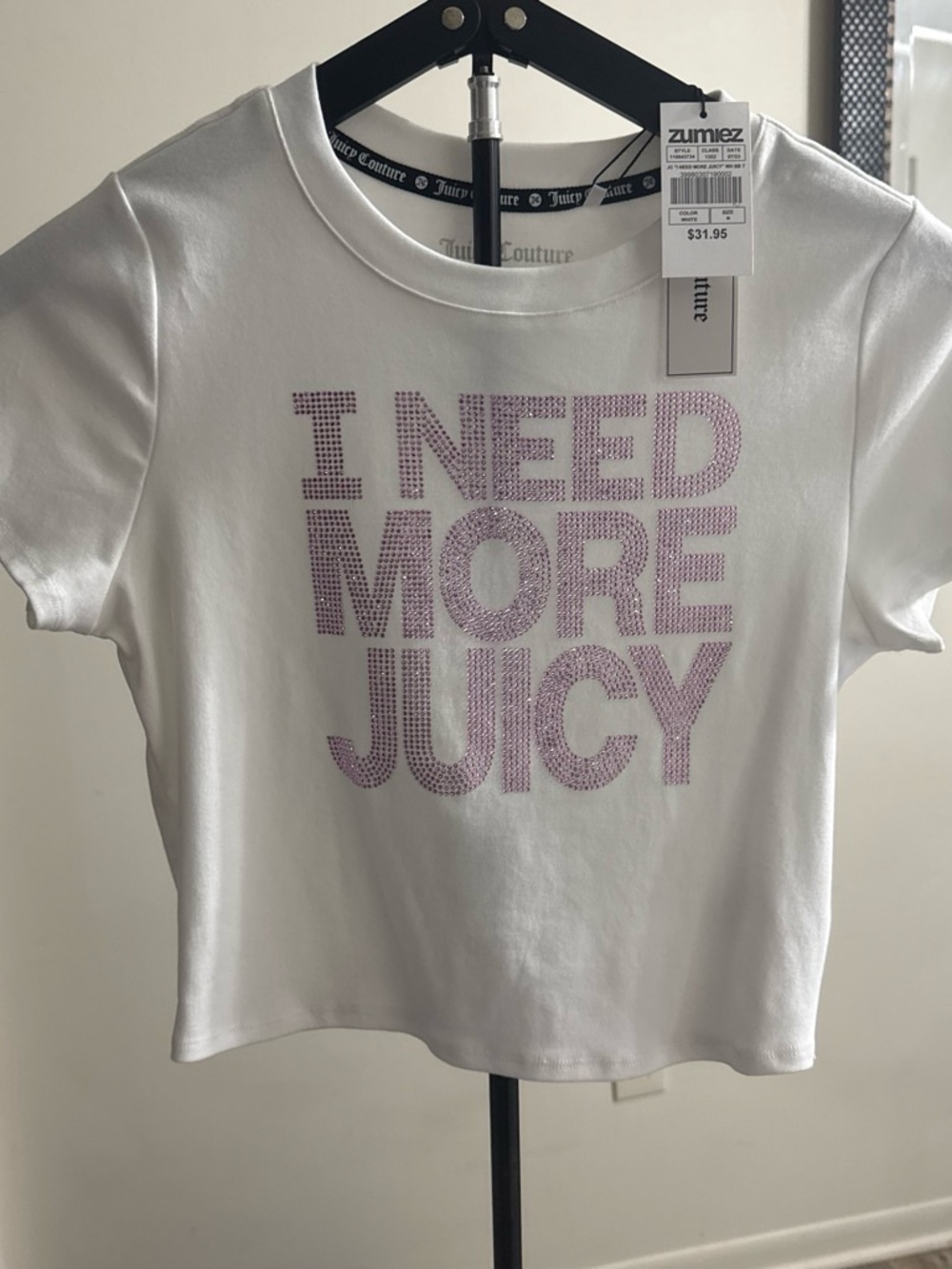 Juicy Couture White Tee with Pink Rhinestone "I Need More Juicy" Logo